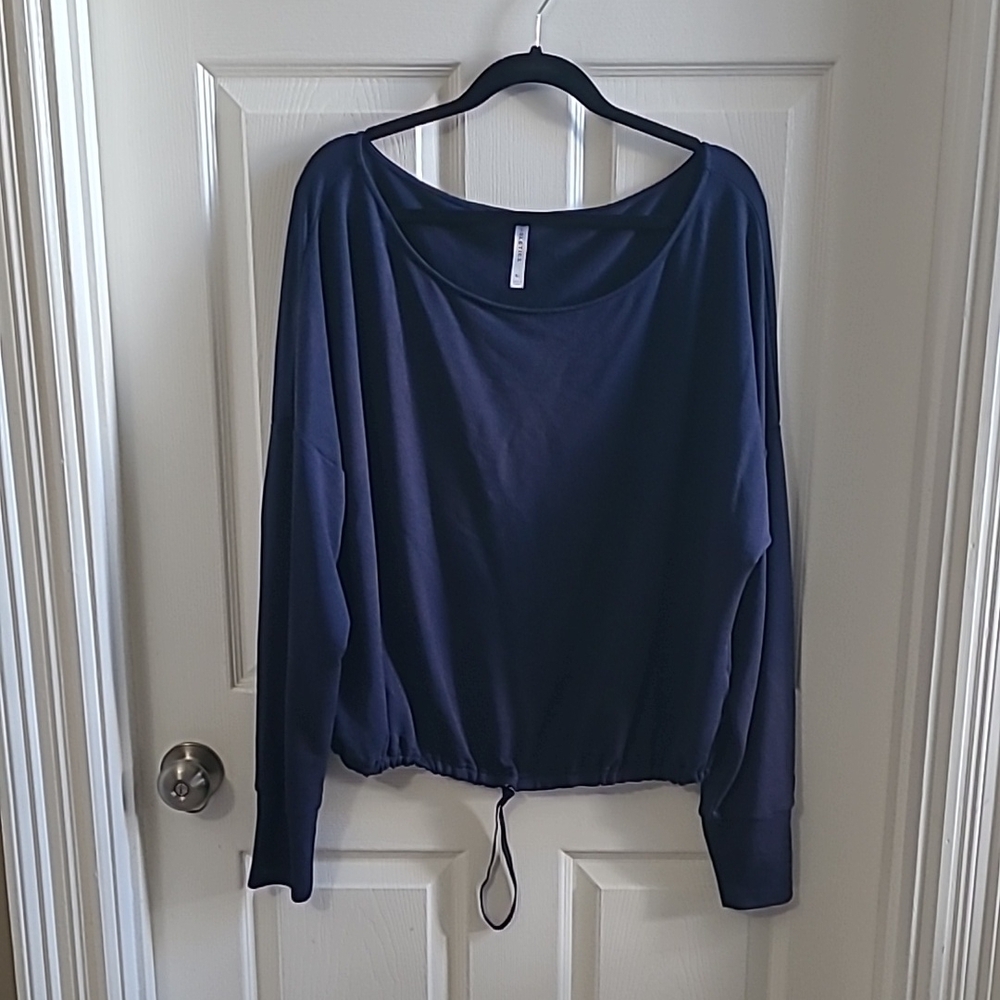 Blue long sleeve scoop neck relaxed tie front blouse, oversized